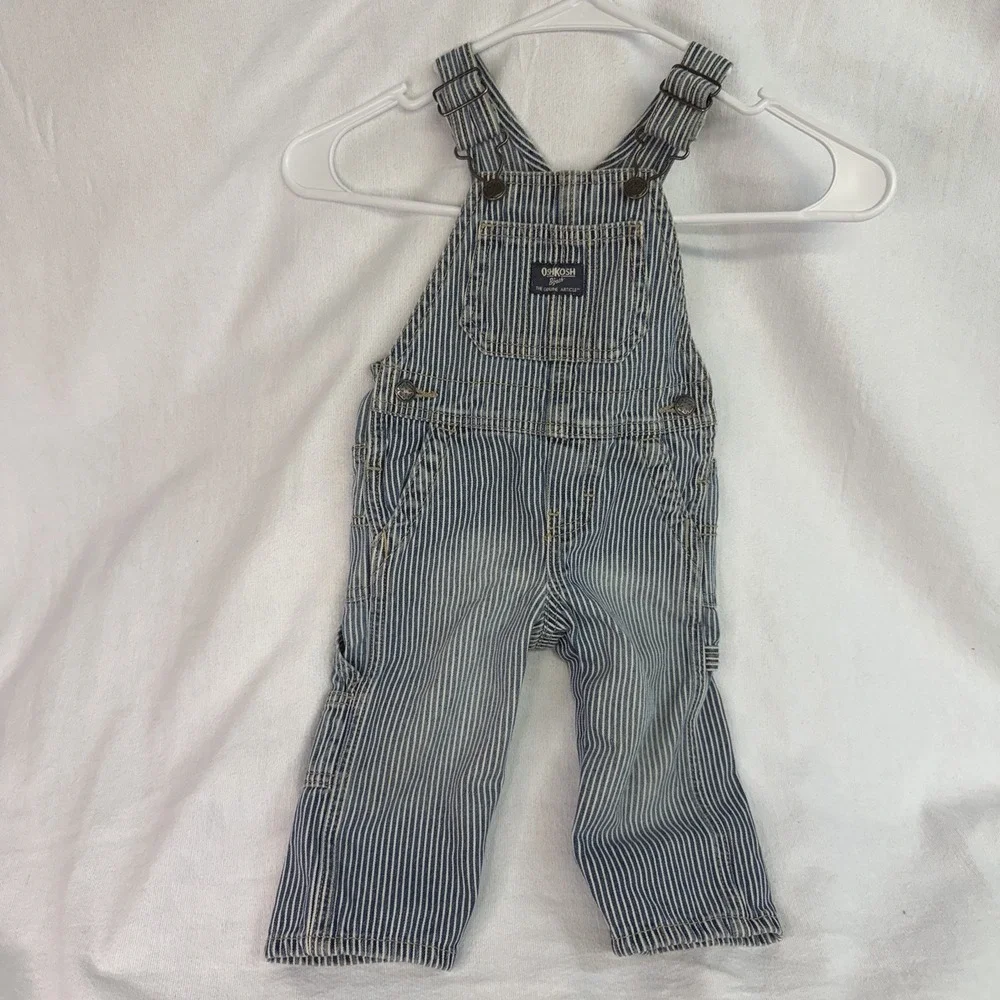 OshKosh B'gosh Denim Striped Overall 12 Months Blue/White Buckle Pockets Vintage